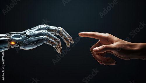 A prosthetic male hand cyborg reaches for a white hand.