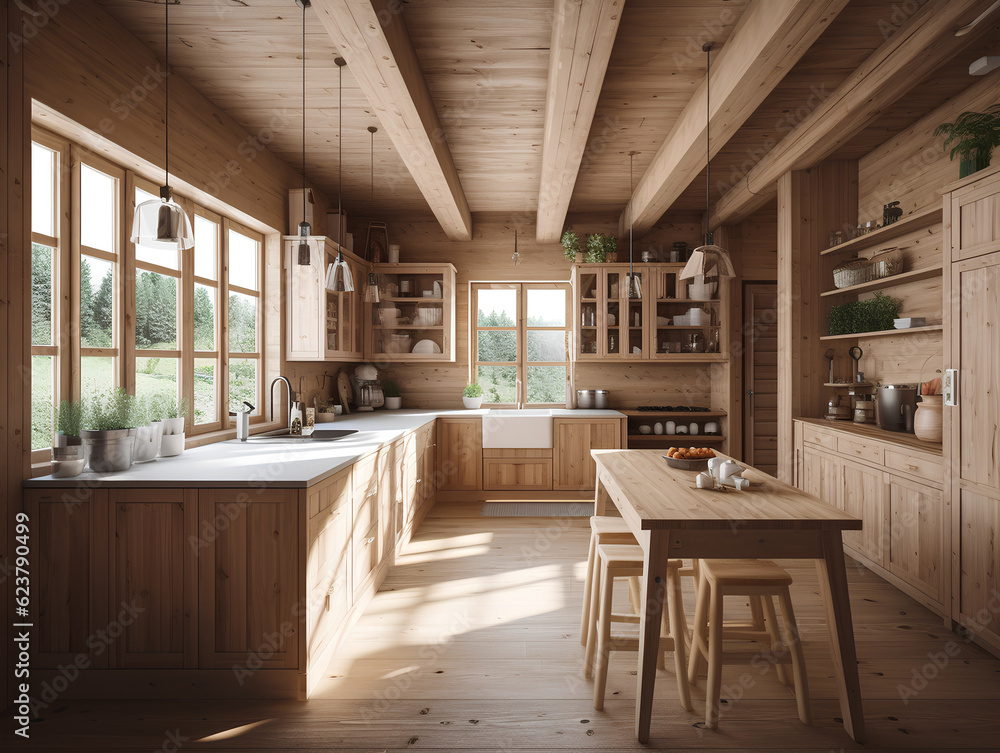 wooden interior of a country house spacious kitchen, AI Generation