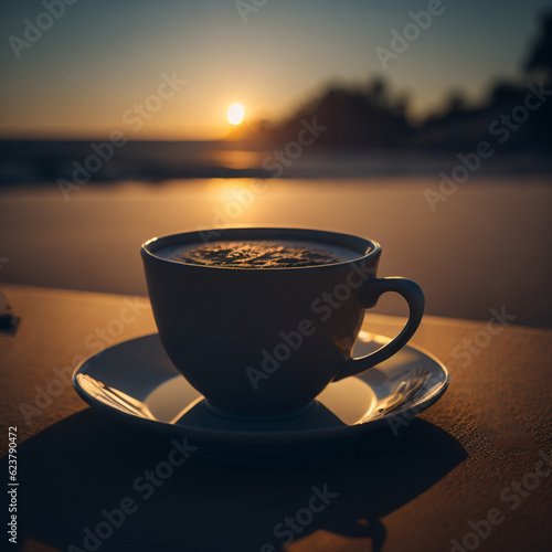 Black coffee on the sea, sand, morning, sunrise on the horizon. Generative AI.