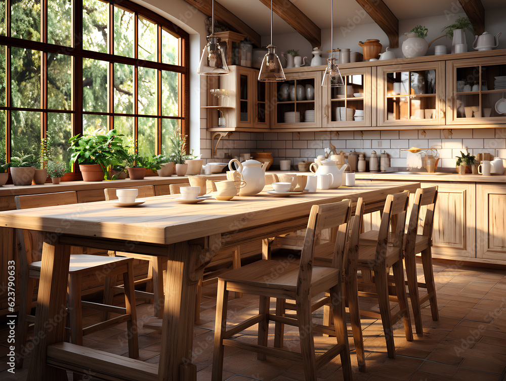wooden interior of a country house spacious kitchen, AI Generation wooden interior of a country house spacious kitchen, AI Generation