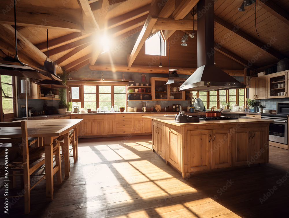 wooden interior of a country house spacious kitchen, AI Generation