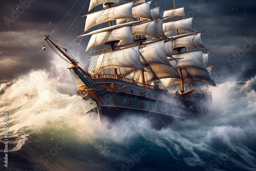sailing ship in the sea with very big waves