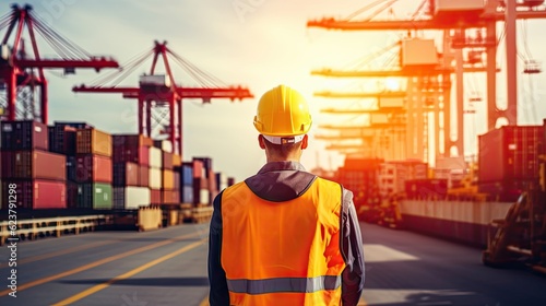 a man wearing full ppe standing looking at port cargo, container box at a goods port