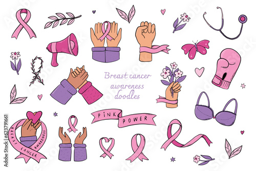 Breast cancer awarenes month set of doodles, cartoon elements, clip art for stickers, prints, cards, social media decor, scrapbooking, etc. EPS 10