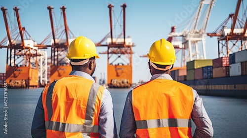 a man wearing full ppe standing looking at port cargo, container box at a goods port