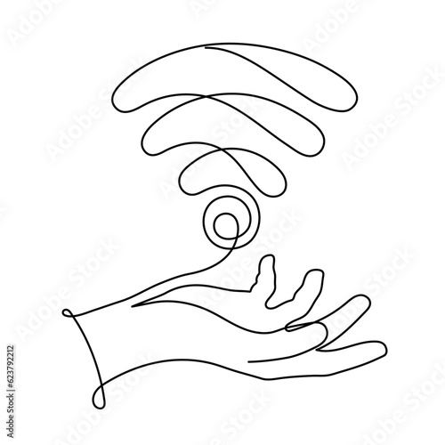 Hand with WI-FI signal one line art,hand drawn palms holds internet hotspot,access point continuous contour.Free zone wireless online concept,template outline.Editable stroke.Isolated.Vector