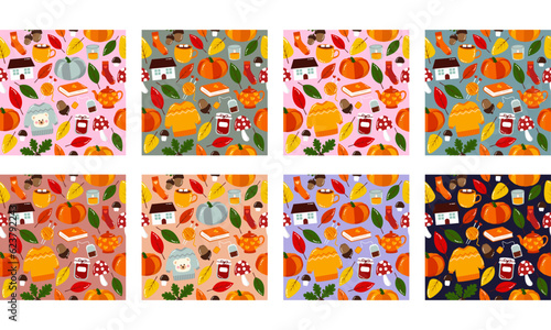 Big set of kawaii cartoon seamless pattern with autumn cute things on varicoloured background
