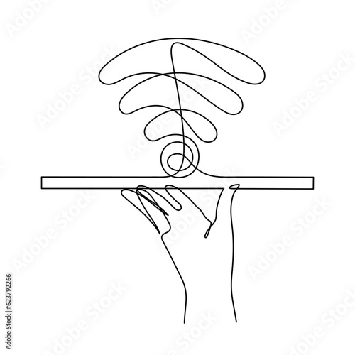 Hand with WI-FI signal one line art,hand drawn palms holds internet hotspot,access point continuous contour.Free zone wireless online concept,template outline.Editable stroke.Isolated.Vector