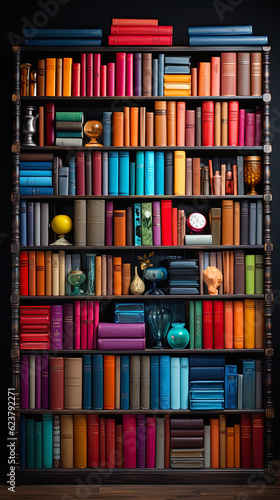 a lot of books are arranged in the background of the wall, ai generative