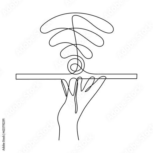 Hand with WI-FI signal one line art,hand drawn palms holds internet hotspot,access point continuous contour.Free zone wireless online concept,template outline.Editable stroke.Isolated.Vector
