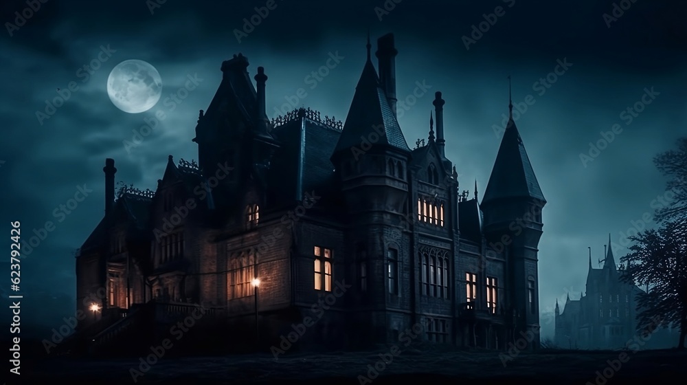 Scary Gothic castle on Halloween. Generative AI