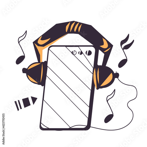 Online music playlist and audio player app emblem, flat vector illustration isolated on background. Smartphone streaming audio player and audio podcast logo banner.