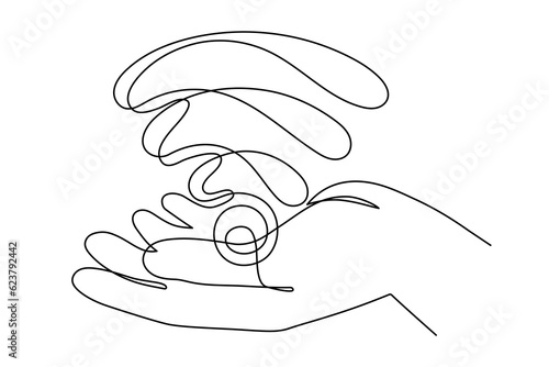 Hand with WI-FI signal one line art,hand drawn palms holds internet hotspot,access point continuous contour.Free zone wireless online concept,template outline.Editable stroke.Isolated.Vector