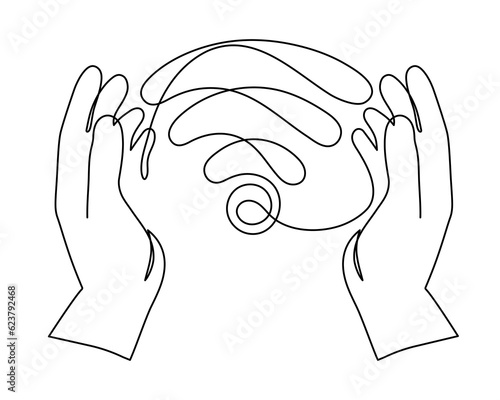 Hands with WI-FI signal one line art,hand drawn palms holds internet hotspot,access point continuous contour.Free zone wireless online concept,template outline.Editable stroke.Isolated.Vector