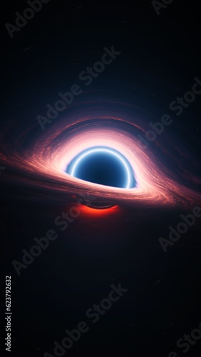 Giant singularity in outer cosmos. Vertical 3D illustration astrology background. Interstellar black hole with glowing rotating accretion disk. Background cosmos of wormhole warped in curved space.
