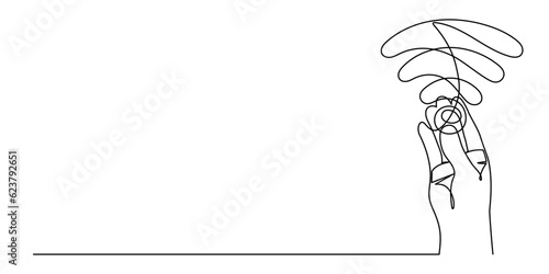 Hand with WI-FI signal one line art,hand drawn palms holds internet hotspot,access point continuous contour.Free zone wireless online concept,template outline.Editable stroke.Isolated.Vector