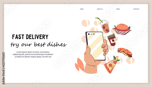 Ordering take away food and ready meals online concept for web page template, flat vector illustration. Ready meals service advertising webpage.