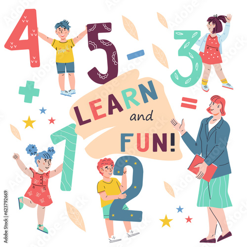Learning banner concept with kids and teacher characters. Poster or banner design for school topics, flat cartoon vector illustration isolated on white background.