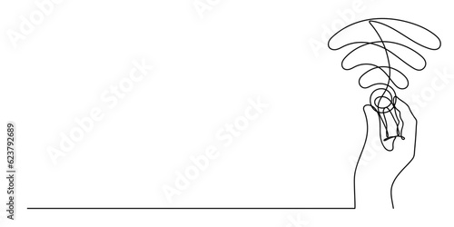 Hand with WI-FI signal one line art,hand drawn palms holds internet hotspot,access point continuous contour.Free zone wireless online concept,template outline.Editable stroke.Isolated.Vector