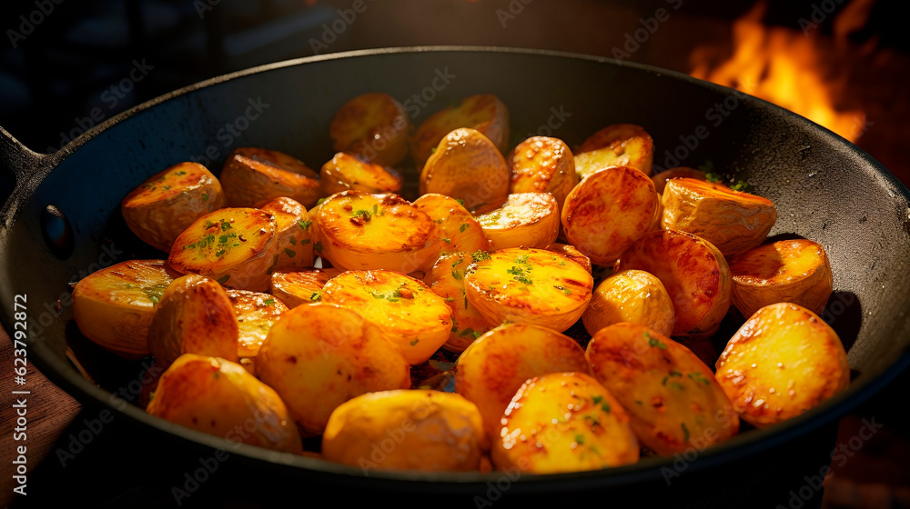 Fried potatoes in a frying pan on the background of the fire.AI Generated Fried potatoes in a frying pan on the background of the fire.AI Generated