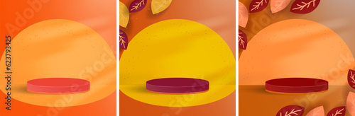 Set of Autumn studio backgrounds with 3d rendered podium for product display. Autumn leaves frame with sunlight from corner. Vector Illustration. EPS 10.