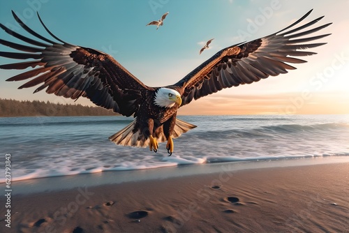 an eagle is flying on the beach © Angah