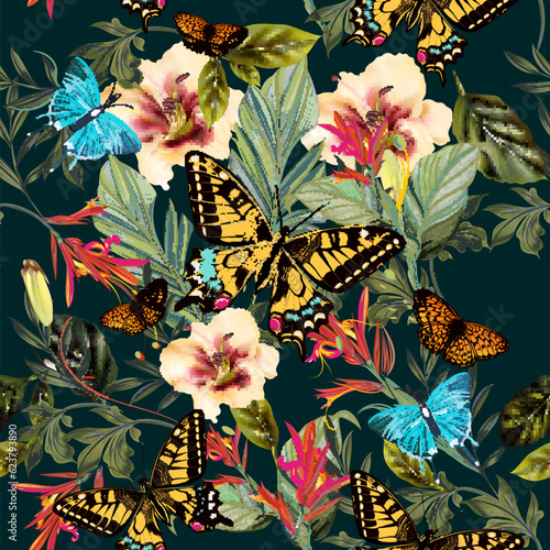 Fashion vector seamless pattern tropical  leaves and butterflies