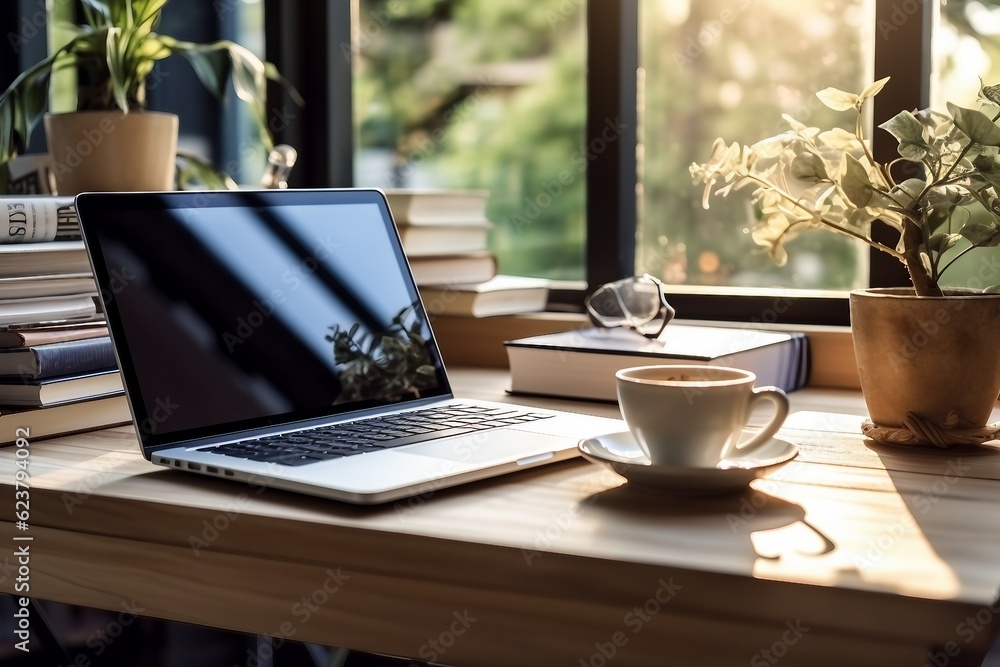interior design, design of workplace with laptop and cup of coffee in home office. created generative ai. interior design, design of workplace with laptop and cup of coffee in home office. created generative ai.