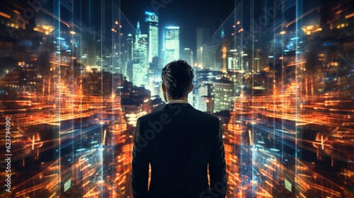 A business man looking over binary and virtual structures. Generative AI