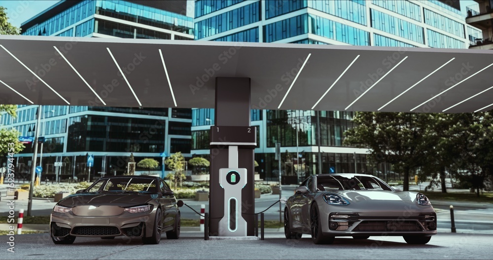 Obraz premium Charge station for electric cars. Electric cars at charging station