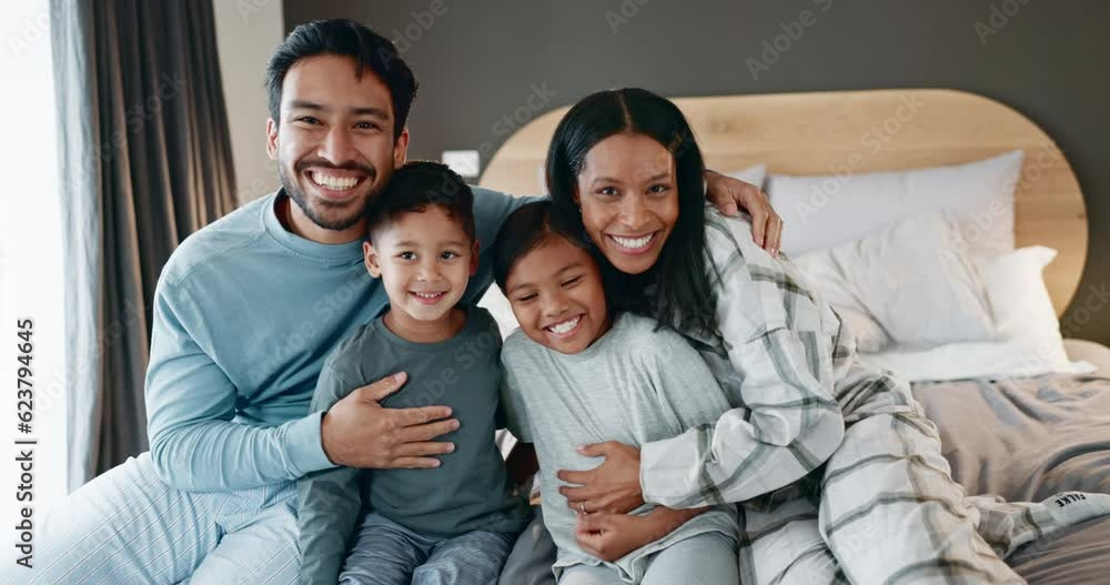 Portrait, happiness and children with family in bedroom for bonding with children in home. Kids, happy and face with hug in morning with care or laughing for fun or quality time in house together. Portrait, happiness and children with family in bedroom for bonding with children in home. Kids, happy and face with hug in morning with care or laughing for fun or quality time in house together.