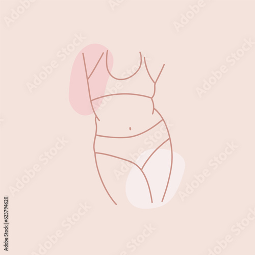 Woman body. Female outline in swimsuit or underwear. Hand drawn pastel pink minimal illustration. Sexy beautiful plus size female character in bra and panties. Card or poster. Vector isolated set