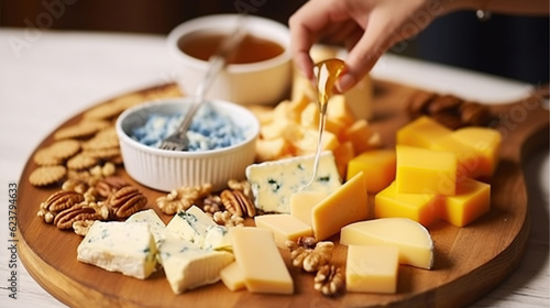 Woman Savoring a Big Italian Cheese Board with Honey, Showcasing a Side View. Generative AI