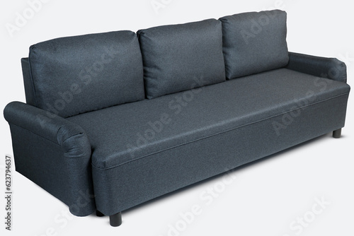 Side view of navy blue color scandinavian style contemporary sofa on white background with modern and minimal furniture design. Including clipping path