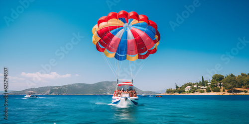 Boat sea parachute, Inboard parasail boat REVIVAL , Parasaling stock, generative Ai