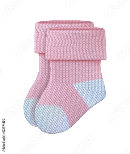 3d realistic vector icon illustration. Baby girl pink socks. Isolated on white background.