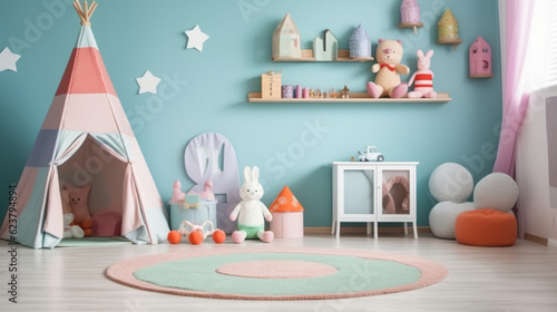 Light Pastel Baby Room with Toy House and Textile Dwarfs. Generative AI