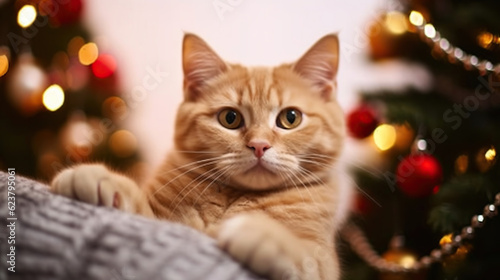Beautiful red british shorthair cat and its owner over the christmas tree with blurry festive decor. Generative AI