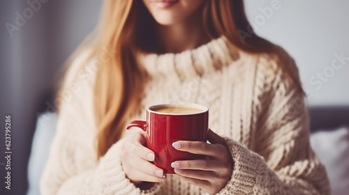 Female wearing fashionable oversized white knitted sweater, sitting home with mug of coffee. Generative AI