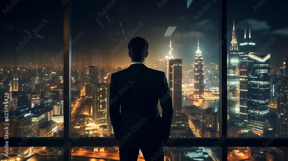 Businessman looking at night city sky from skyscraper. Generative AI Businessman looking at night city sky from skyscraper. Generative AI