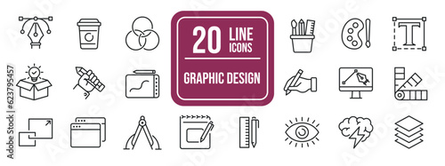 Graphic design simple minimal thin line icons. Related graphic desiigner creativity, tools, drawing. Editable stroke. Vector illustration.