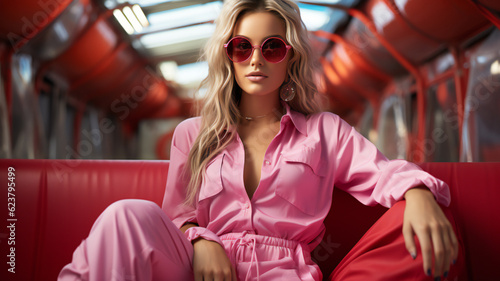 fashion woman colorful, the bold eclectic fashion styles of the Y2K era. dressed in the latest fashion trends of the time, including chunky shoes, low-rise pants, crop tops, and oversized sunglasses