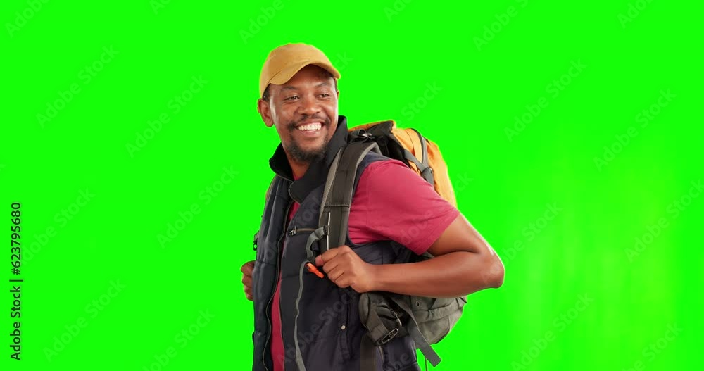 Hiking, green screen and black man with a smile, travel and adventure against a studio background. Male person, hiker or traveler with a journey, tourism or trekking with vacation, happiness or relax Hiking, green screen and black man with a smile, travel and adventure against a studio background. Male person, hiker or traveler with a journey, tourism or trekking with vacation, happiness or relax