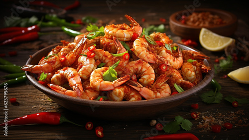 Asian spicy seafood on black background