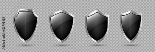 Black glass protective shields with metal frame. Protection or privacy concept. Vector 3d illustration
