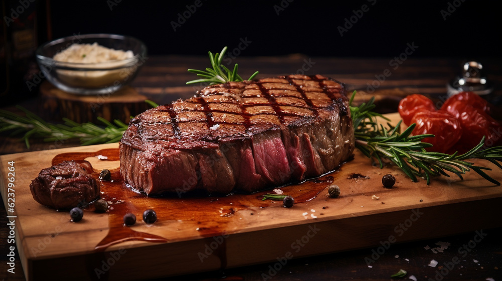Delicious beef steak on black background