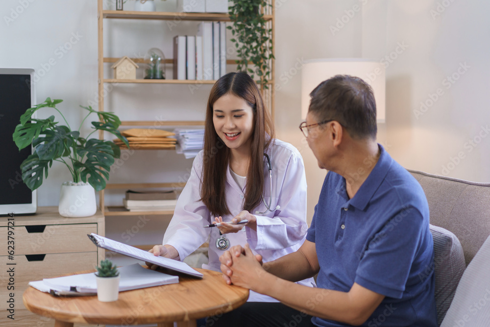 Healthy and medical concept, Woman caregiver talking with senior man about health checkup document Healthy and medical concept, Woman caregiver talking with senior man about health checkup document