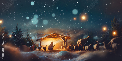 Nativity Christmas Abstract Background, christmas cards with snowy village scene, generative Ai