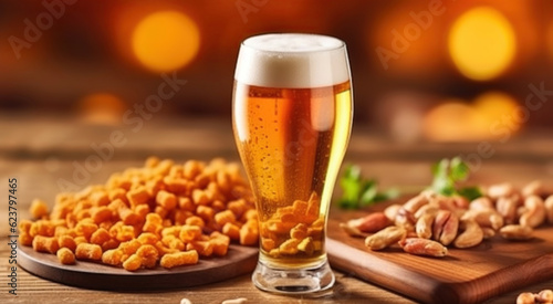 Glass of beer on wooden table background. Generative AI