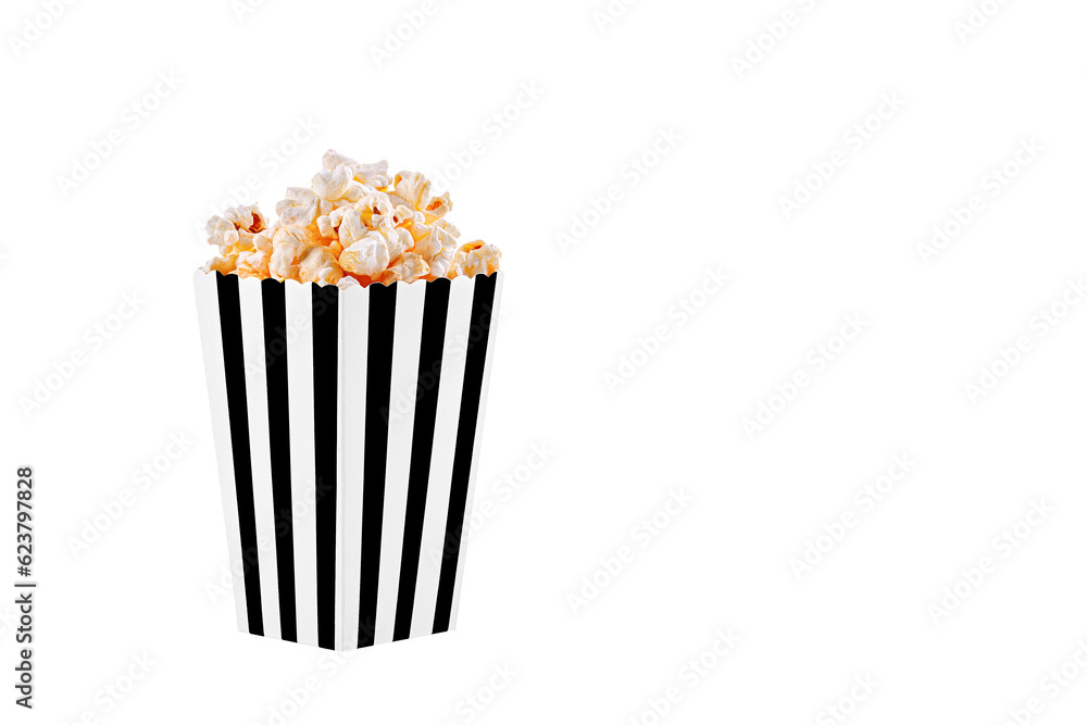 cardboard glass black with popcorn on a white transparent background close-up